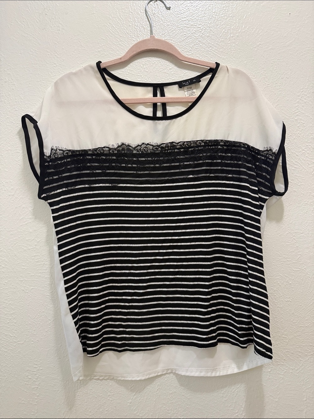 Chiffon Yoke Black & White Striped Lace-Trim Blouse